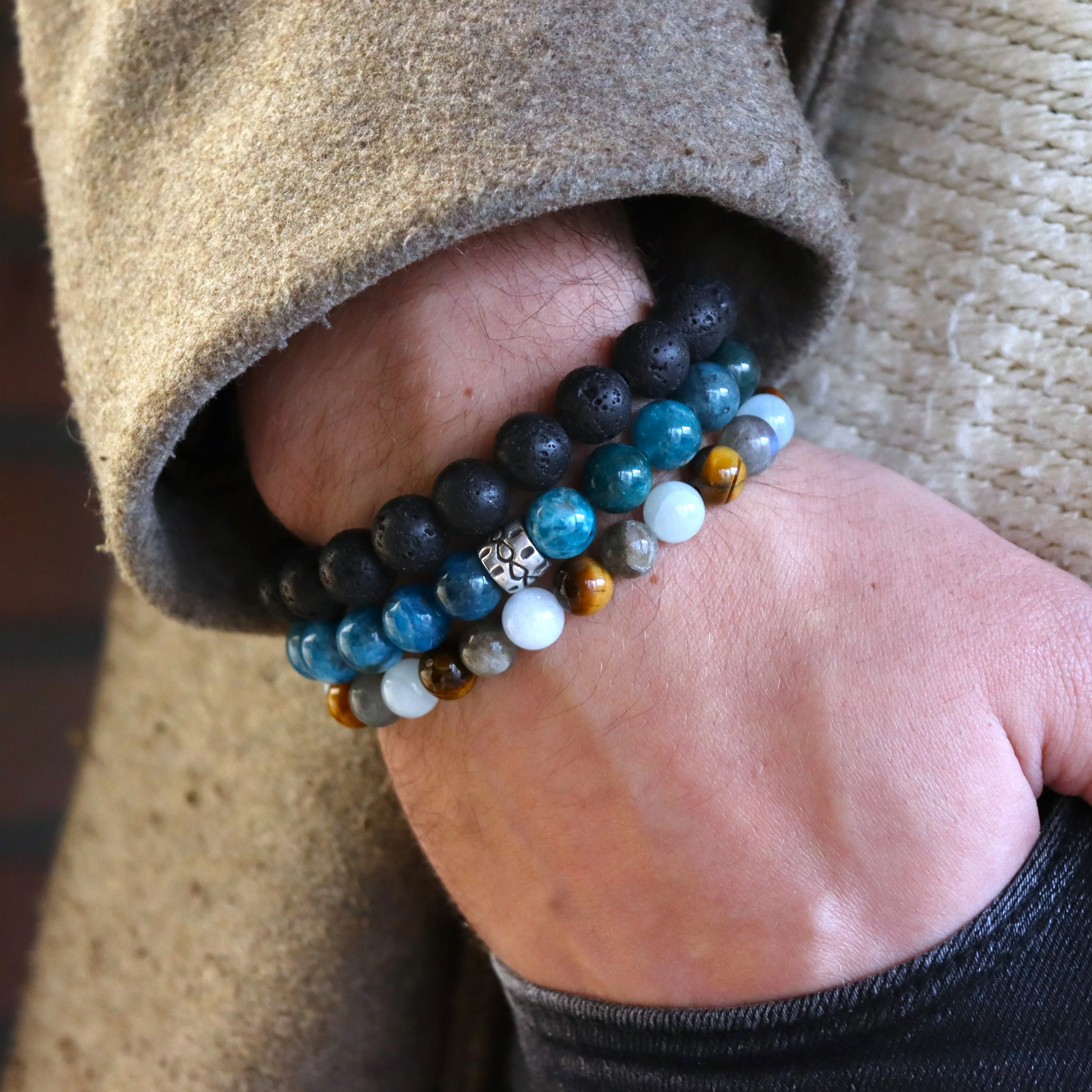 Herenarmband met labradoriet, aquamarijn en tijgeroog - Image 2