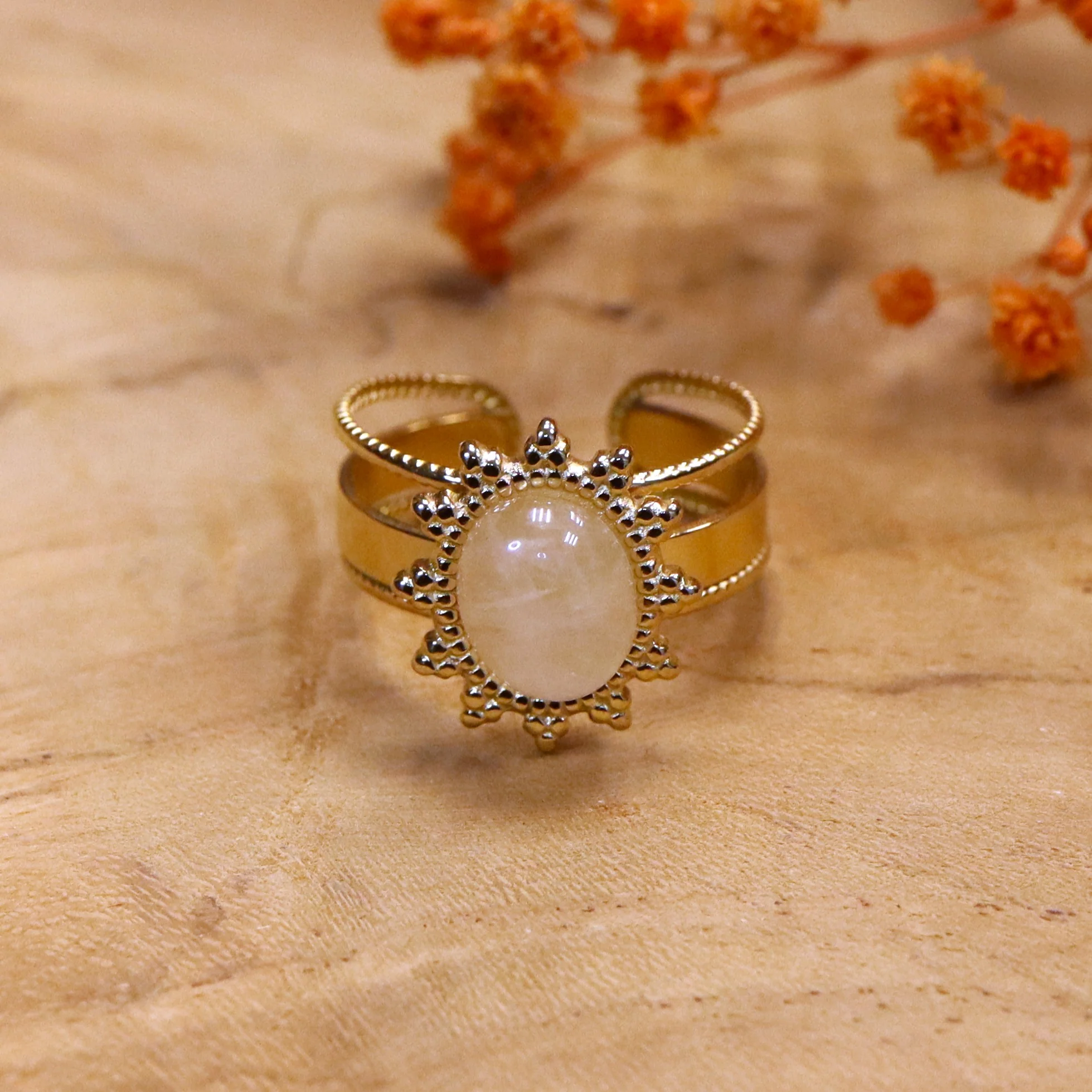 Stainless steel ring goud - rozenkwarts met versierde rand